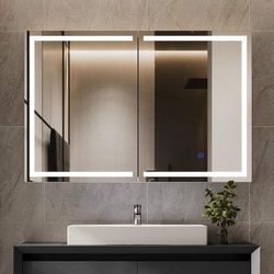 Tiptiper Lighted Medicine Cabinet with Mirror, Wall Mounted Bathroom Mirror with Storage, 2 Doors Bathroom Wall Cabinet with LED Lights, 35.4'' x 23.6