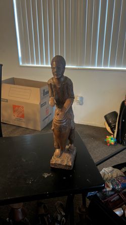 Vintage African Boy with Drum, Hand Carved, Solid Wood, 15 inch Figure Sculpture