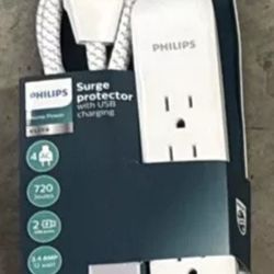 Philips 4-Outlet with 2 USB Surge Protector with 4ft Extension Cord, White