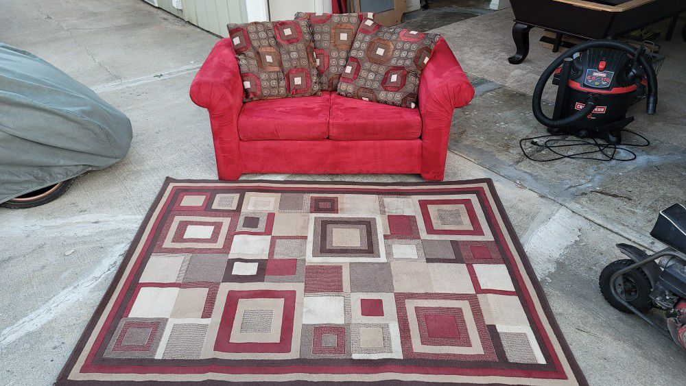 Red Love Seat Couch With Matching Carpet