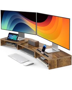 New Dual Monitor Stand Riser- 3 Shelf Screen Stand with Adjustable Length and Angle, 2 Extra Functional Slot Desktop Organizer Stand for PC, Computer,