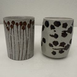 2 Boho Farmhouse Stoneware Pottery Mugs Cups