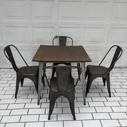 Industrial 5pc Dining Set - 30” Square Wood Top Table & 4 Metal Chairs set. 