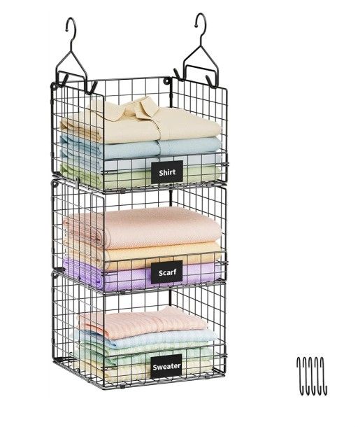 Sonyabecca 3-Tier Hanging Closet Organizer with Name Plate, Clothes Hanging Shelves 5 S Hooks, Wall Mount & Cabinet Foldable Wire Storage Basket, for