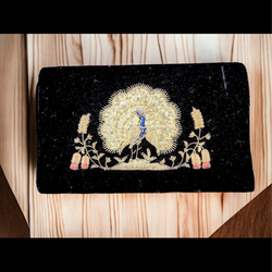 Exquisite Black Velvet Clutch with Gold Peacock Embroidery