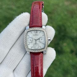 Skagen red leather strap Women 30m Silver/diamond bezel Watch
