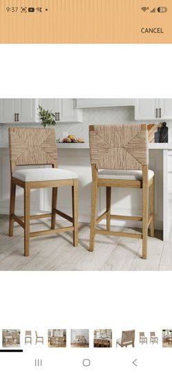 Nathan James Beacon Bohemian Boucle Bar Stool, Upholstered Counter Height Chair with Solid Wood Frame and Woven Seagrass Back for Kitchen Island, Ligh