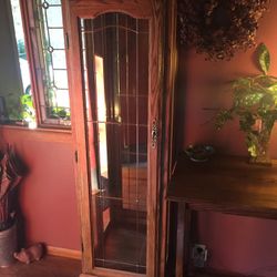 Gorgeous Vintage Leaded Glass Wood Curio, Lighted, Glass Shelves