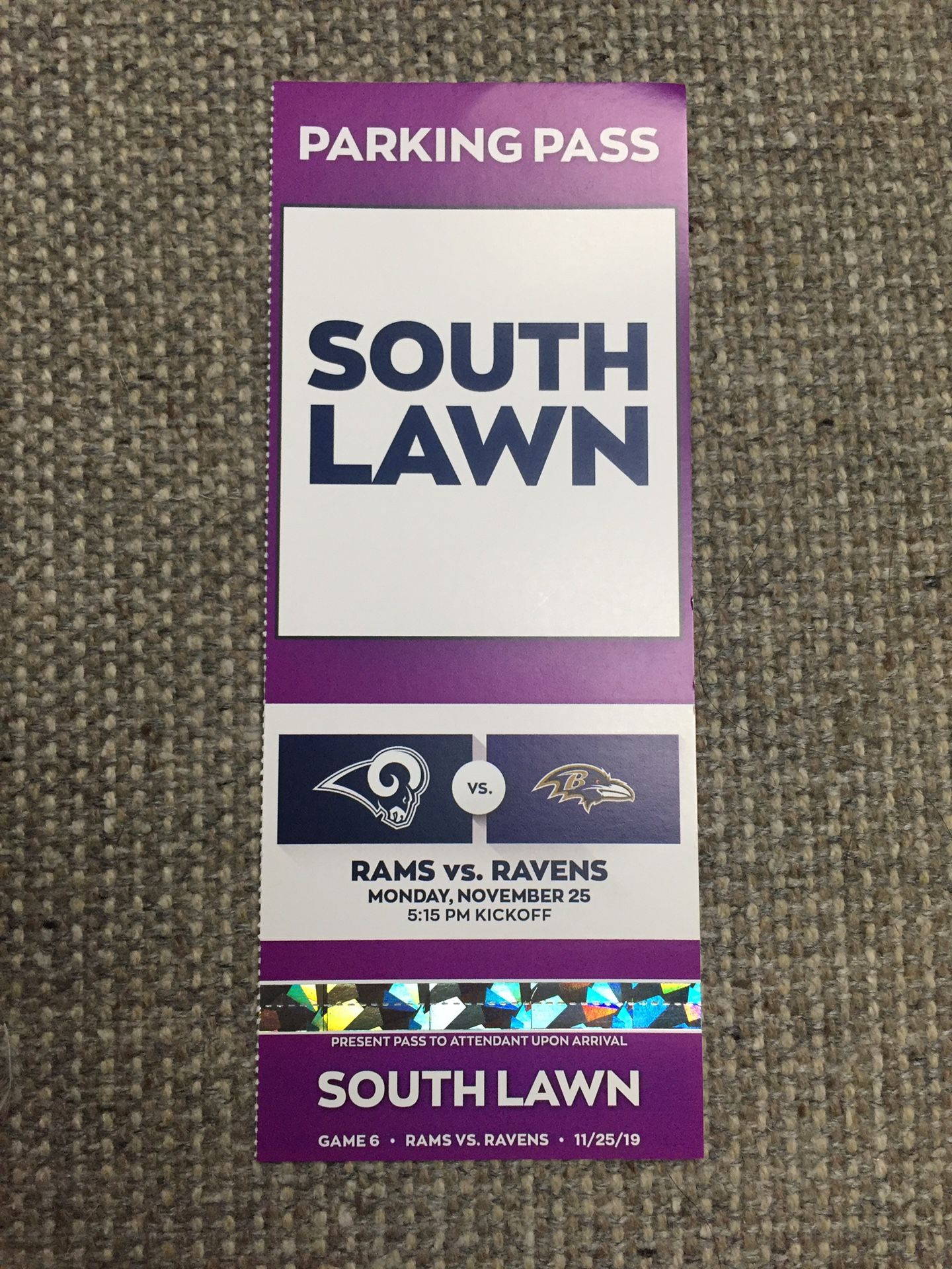 Tailgating Parking Pass Rams vs. Ravens