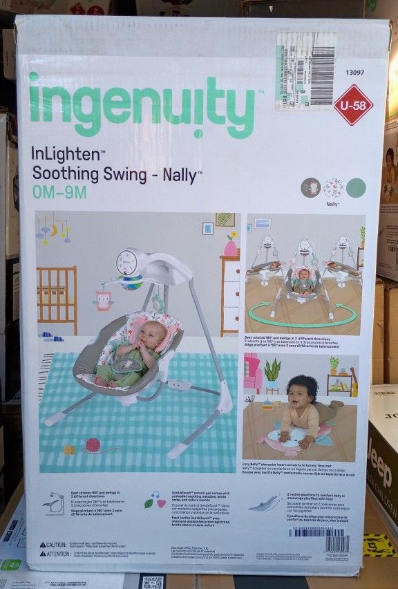Ingenuity InLighten Baby Swing, 5-Speed, Swivel Infant Seat, Nature Sounds, Lights - Pink, Nally