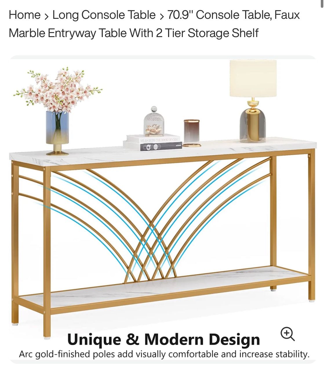   Long Console Table  70.9" Console Table, Faux Marble Entryway Table With 2 Tier Storage Shelf