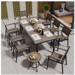 10-Piece Aluminum Outdoor Patio Dining Set with RectangleTable,Small Side Table and 8-Stackable Chairs 