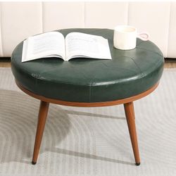 Green Faux Leather Round Ottoman 24”