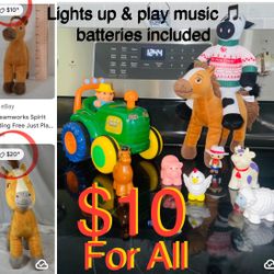 $10 For All Bundle of Farm animals and tractor 🚜 + Characters + plushies lights up & Music 🎵