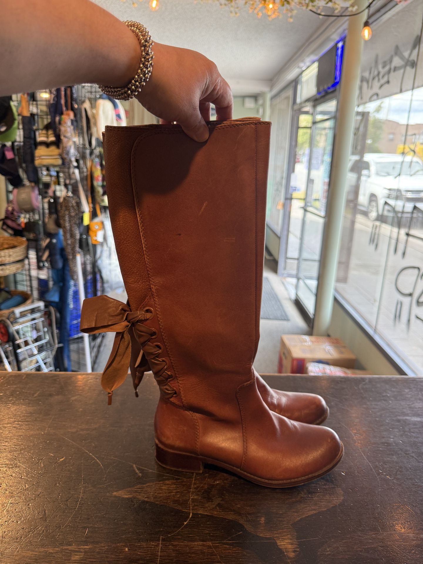 Gianni Bini Brown Split Leather Back Lace Riding Boots Size 7