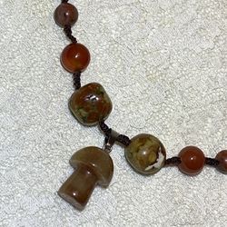 15.5” Adjustable Handcrafted Jasper and Agate Mushroom Boho Macramé Necklace