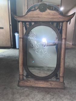 Asian Pagoda Style Mirror with Etched Oni Design