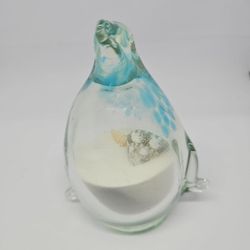 ART GLASS Clear with Blue Filled with Sand & Shells Penguin Beach House Decor