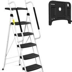 5 Step Ladder with Handrails, Folding Step Stool Portable Steel Ladder for Adults for Home Kitchen Library Office, White