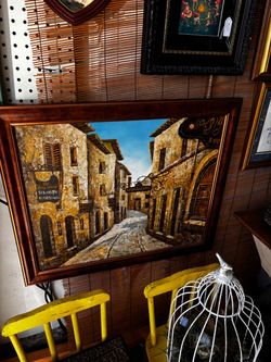 Framed signed oil painting rustic French city scene, European street