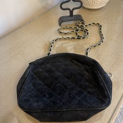 Vintage Black Suede Leather Purse With Gold Chain 