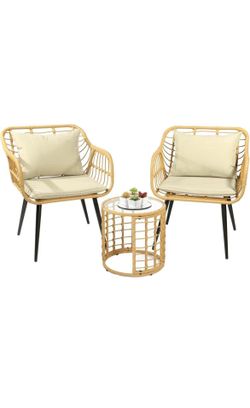 Patio 3-Piece Bistro Sets, Outdoor Wicker Conversation Table and Chairs Set of 2 with Glass Top Side Table and 2 Ergonomic Chairs for Small Porch