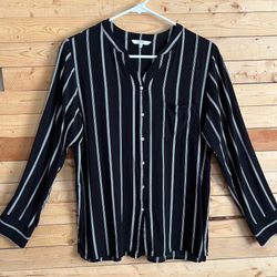 Topten Women’s Black White Stripes V-neckline Button Down Blouse Top Size XS/S