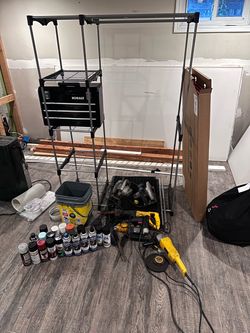 Power tools, paint, toolbox, closet rack, toolbox mats