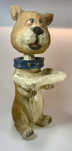 Vintage Resin Bobblehead 12"Tall Cute Dog Holding Bone Trinket Dish 1990's