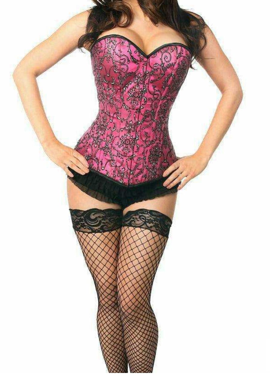 Embroidered Steel Boned Corset Fuchsia mini shorts and stockings