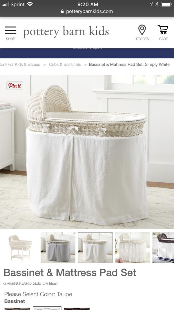Pottery Barn White Whicker Bassinet With Mattress Pad Sheet And