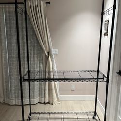 Rolling Clothing Rack with Double Rod. Shelves, hooks On Sides,  and with Lockable Wheels. 
