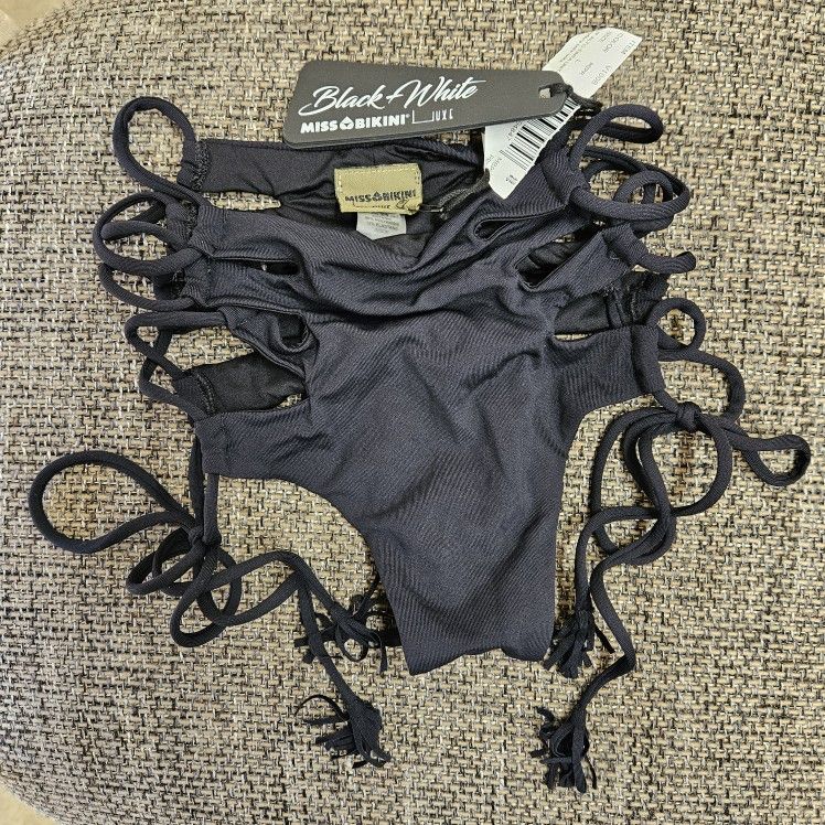 NWT MISS BIKINI LUXE Strappy Lace Up Sexy Black Swim Bottoms Briefs L