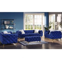 4 Piece Living Room Set Sofa Loveseat Chair And Ottoman Blue Velvet Firm Price $2,460 All Around Tufted 