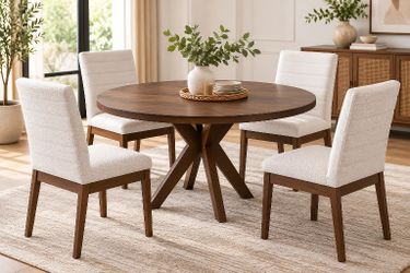 5-Piece Dining Set – Round Walnut Table + 4 Chairs-Modern Mid century Style