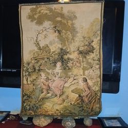 Vintage Silk French  Wall Hanging Tapestry - Couple Courtship Scene Excellent