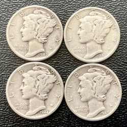 Four (4) Vintage 1940s Silver Mercury Dimes for $25 WWII 4 Coin Set Antique Coins