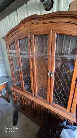 Vintage Wood China Cabinet with Leaded Glass Doors