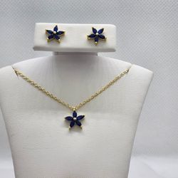 Brand New Sterling Silver 925 Blue Gemstone Flower 2pcs Set