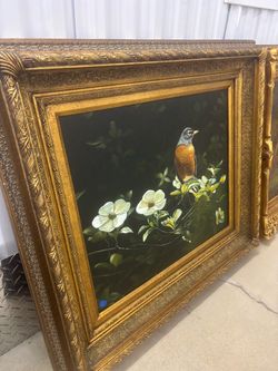 Framed Bird & Floral Painting – Ornate Gold Frame