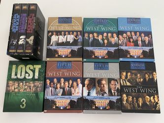 West Wing Seasons 2-7 and 3 Star Wars on VHS tapes + Lost Season 3 in DVD.