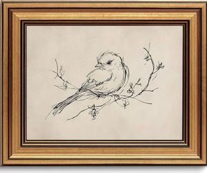 Gold Framed Vintage Bird Sketch Wall Art, Minimalist Canvas Print, 16x24 in