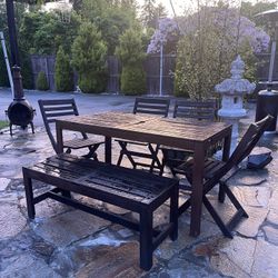 Teak Outdoor Patio Table With 4 Foldable Chairs And 1 Bench 