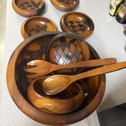 vintage hand-carved wooden salad/serving set, likely 1960s–1980s