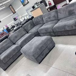 5PC Modular Gray Corduroy sectional sofa with ottoman
