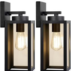 Outdoor Wall Light Fixtures, Exterior Waterproof Lanterns, Porch Sconces Wall Mounted Lighting with E26 Sockets & Glass Shades, Modern Matte Black Wal