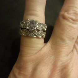 Size 6 925 STERLING SILVER With White Crystals 2 Piece ENGAGEMENT/WEDDING RING SET