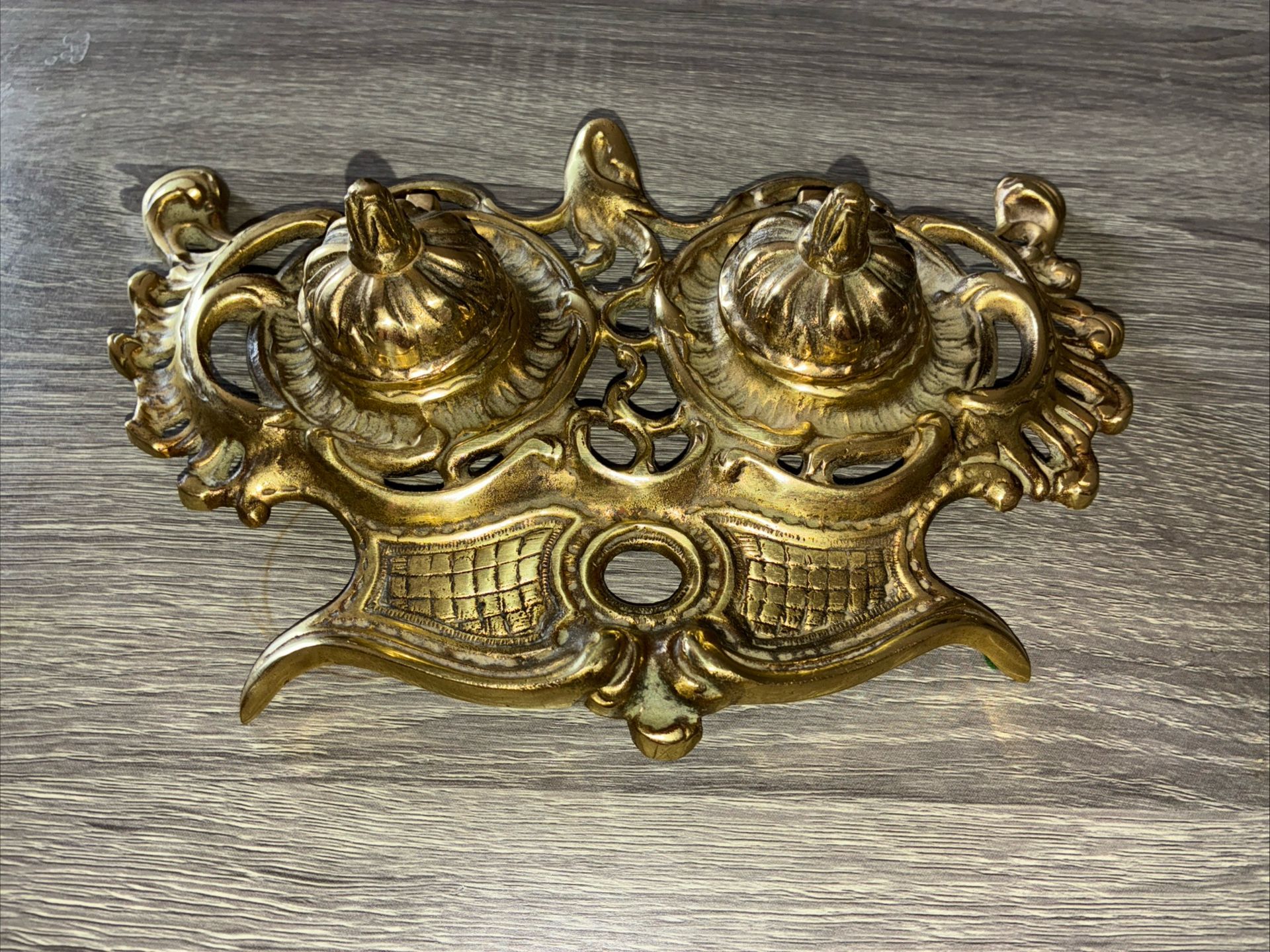 Brass INKWELL Double Ornate Style Metal JAPAN With Tags Vintage