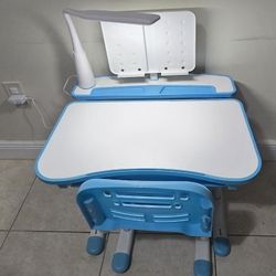 Kids Art Desk & Chair Set - Adjustable Height Drafting Table with 40-Degree Tilt, LED Light, Bookstand - Blue