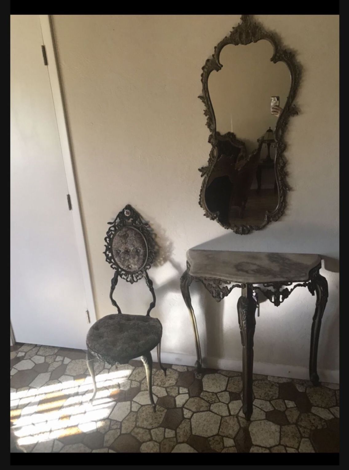 Carved Mirror, Iron Parlor Chair, Iron Carved  3 Legged  Marble Top Entry Table,